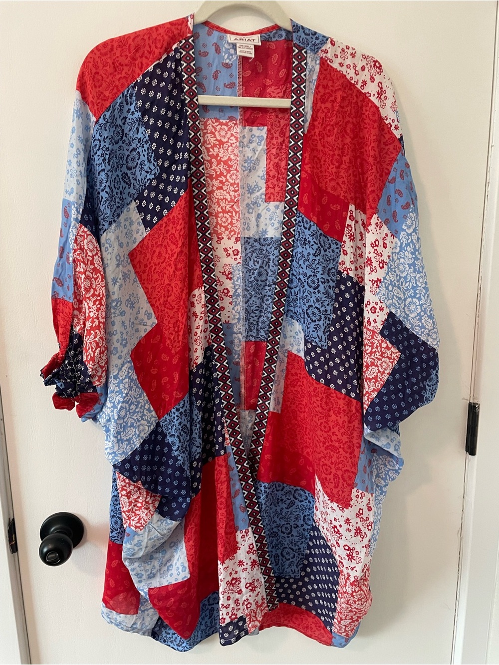ARIAT Smokestack Kimono Red White Blue Floral Patchwork Print Boho Western OS 83
